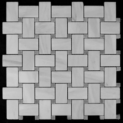 Carrara Marble Italian White Bianco Carrera Basketweave Mosaic Tile with Bardiglio Gray Dots Honed