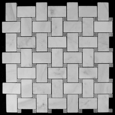 Carrara Marble Italian White Bianco Carrera Basketweave Mosaic Tile with Bardiglio Gray Dots Polished