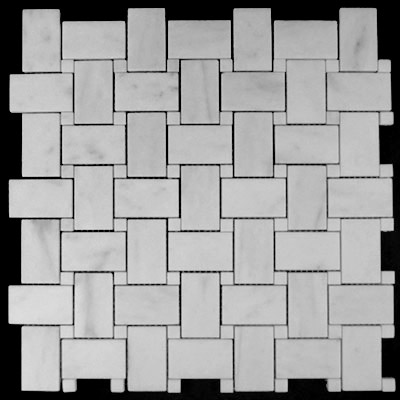 Carrara Marble Italian White Bianco Carrera Basketweave Mosaic Tile with Bianco Carrara Dots Polished