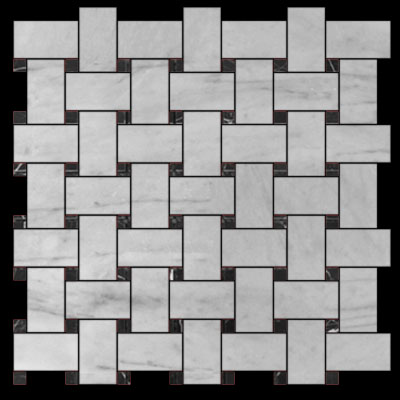 Carrara Marble Italian White Bianco Carrera Basketweave Mosaic Tile with Nero Marquina Black Dots Polished