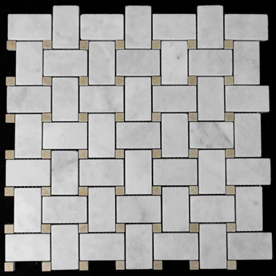 Carrara Marble Italian White Bianco Carrera Basketweave Mosaic Tile with Crema Marfil Dots Polished