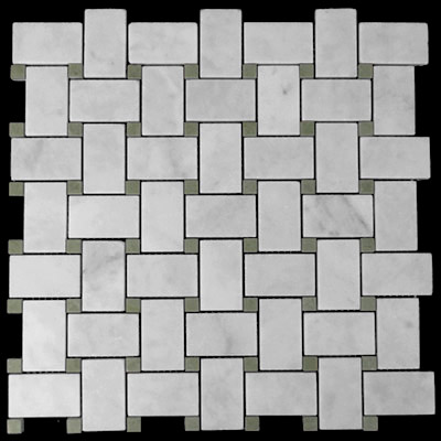 Carrara Marble Italian White Bianco Carrera Basketweave Mosaic Tile with Green Dots Polished