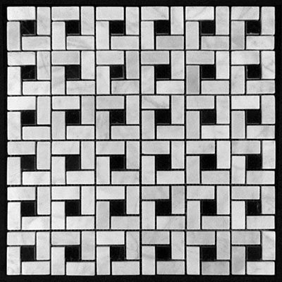 Carrara Marble Italian White Bianco Carrera Target Pinwheel Pattern Marble Mosaic Tile with Nero Marquina Black Dots Honed