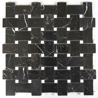 Nero Marquina Black Marble Basketweave Mosaic Tile with White Dots Polished