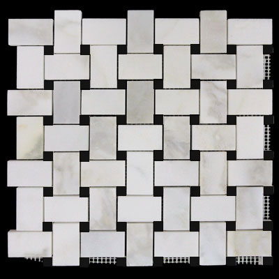 Calacatta Gold Italian Marble Basketweave Mosaic Tile with Black Dots Honed