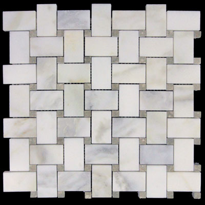 Calacatta Gold Italian Marble Basketweave Mosaic Tile with Pistachio Green Dots Honed