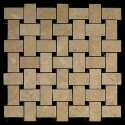 Crema Marfil Marble Basketweave Mosaic Tile with Nero Marquina Black Dots Polished