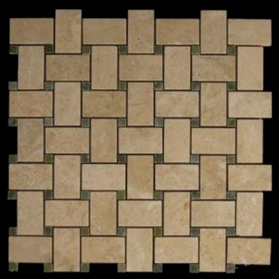 Crema Marfil Marble Basketweave Mosaic Tile with Green Dots Polished