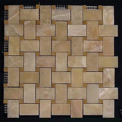 Honey Onyx Basketweave Mosaic Tile with Golden Tobacco Dots Polished