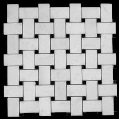 Statuary Crystal Marble Italian White Statuario Basketweave Mosaic Tile with Nero Marquina Black Dots Honed