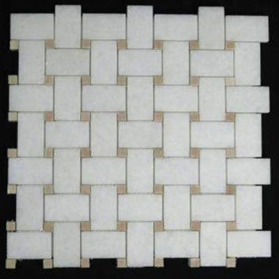 Statuary Crystal Marble Italian White Statuario Basketweave Mosaic Tile with Crema Marfil Dots Polished