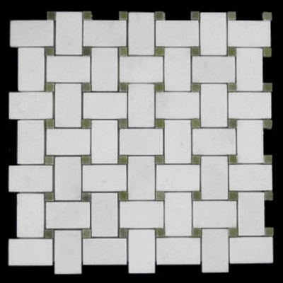 Statuary Crystal Marble Italian White Statuario Basketweave Mosaic Tile with Green Dots Polished